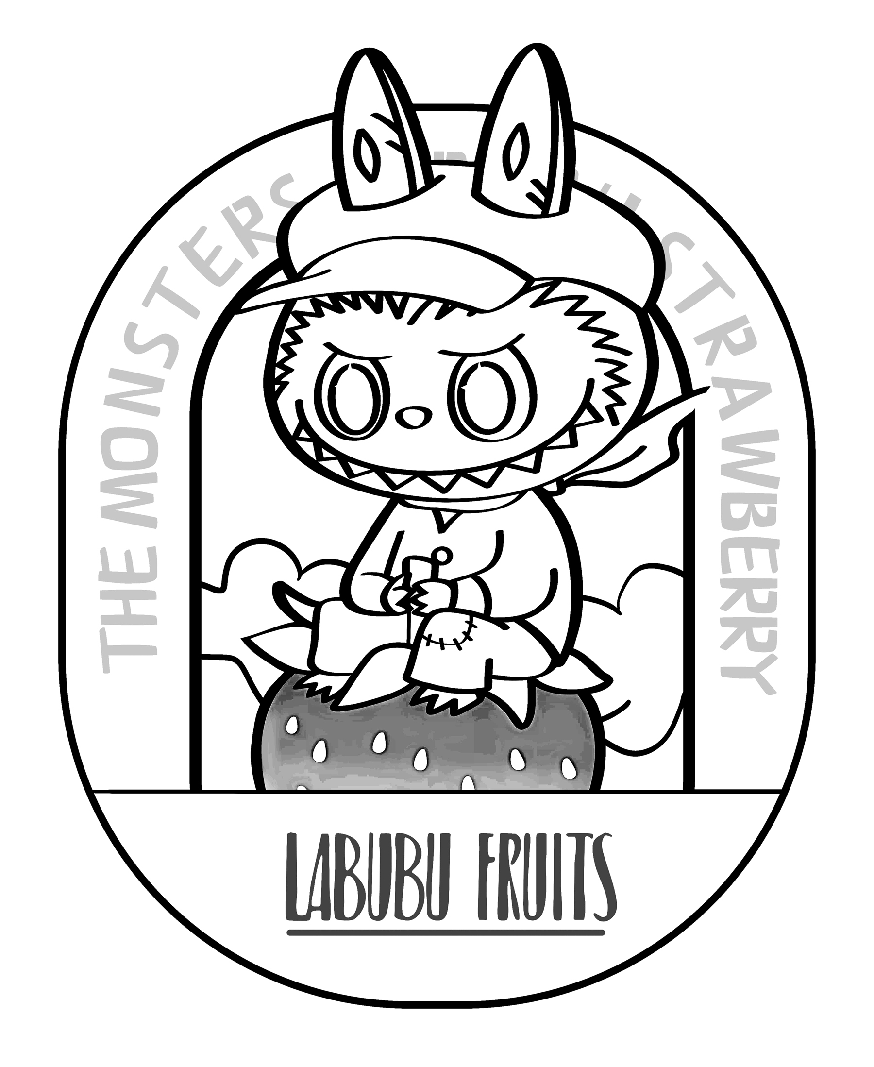 Labubu with strawberry framed design, line art for coloring